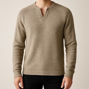 Le Château Textured Knit Split-Neck Sweater in Taupe – Size M